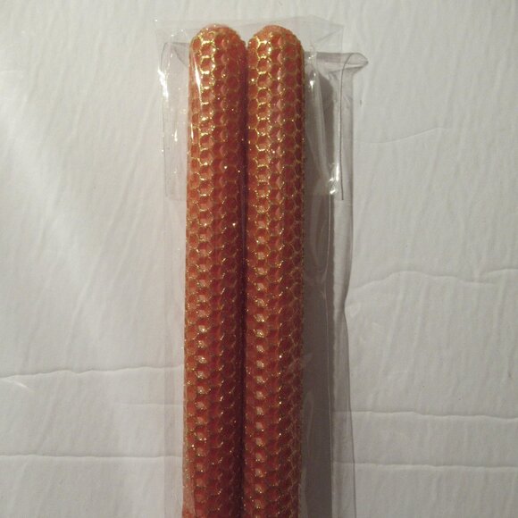 1 Pair, 8" Bees Wax Candles, Orange w/ Gold Glitter, Handmade, Organic - Picture 1 of 6